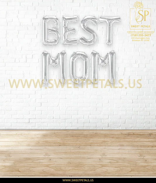 16" BEST MOM Alphabet Foil Balloons Banner - SILVER - Air-Filled - NON FLYING / NO HELIUM