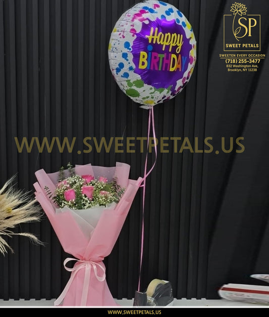 Dozen Pink Roses with Balloon