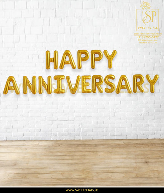 GOLD Happy Anniversary Alphabet Foil Balloons Banner -- Air-Filled - NON FLYING / NO HELIUM