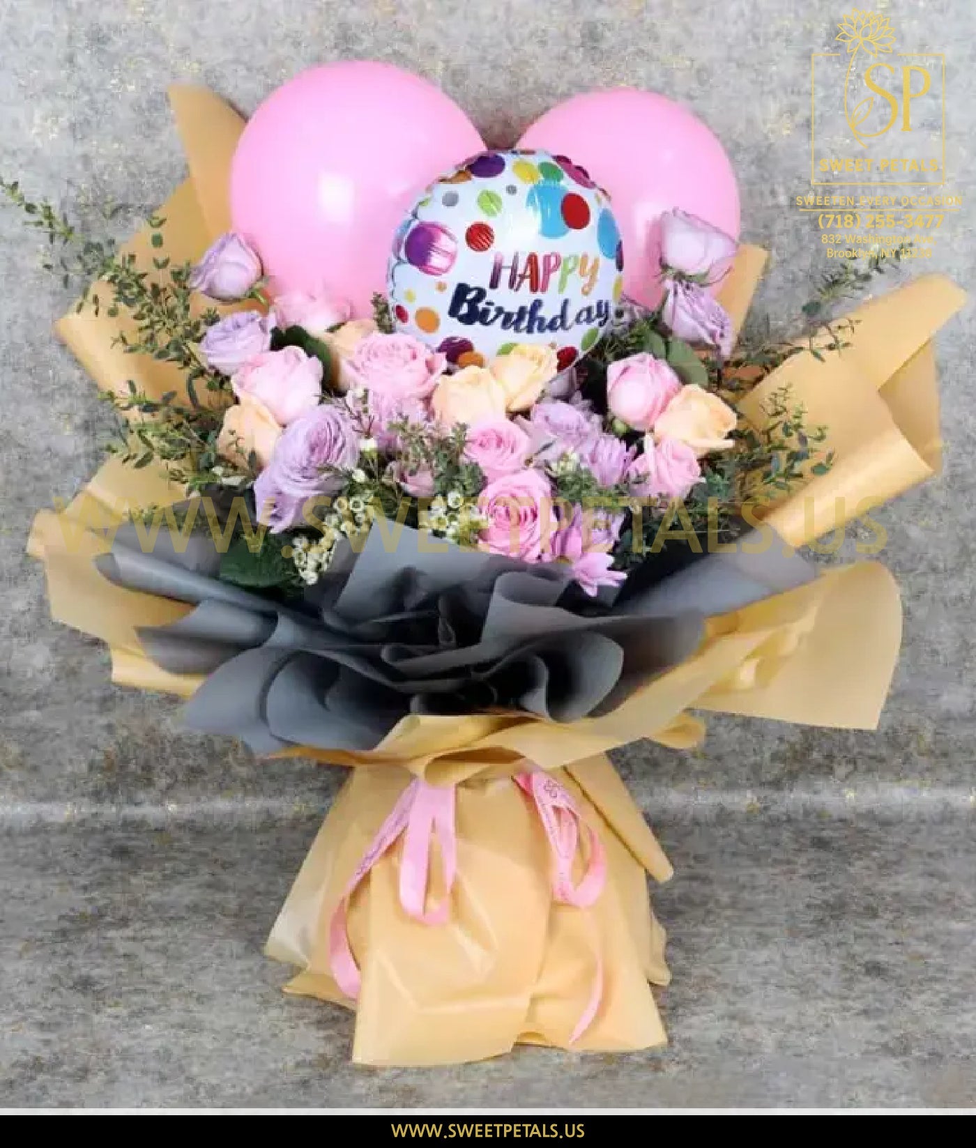 Pastel Flowers and Birthday Balloons Bouquet