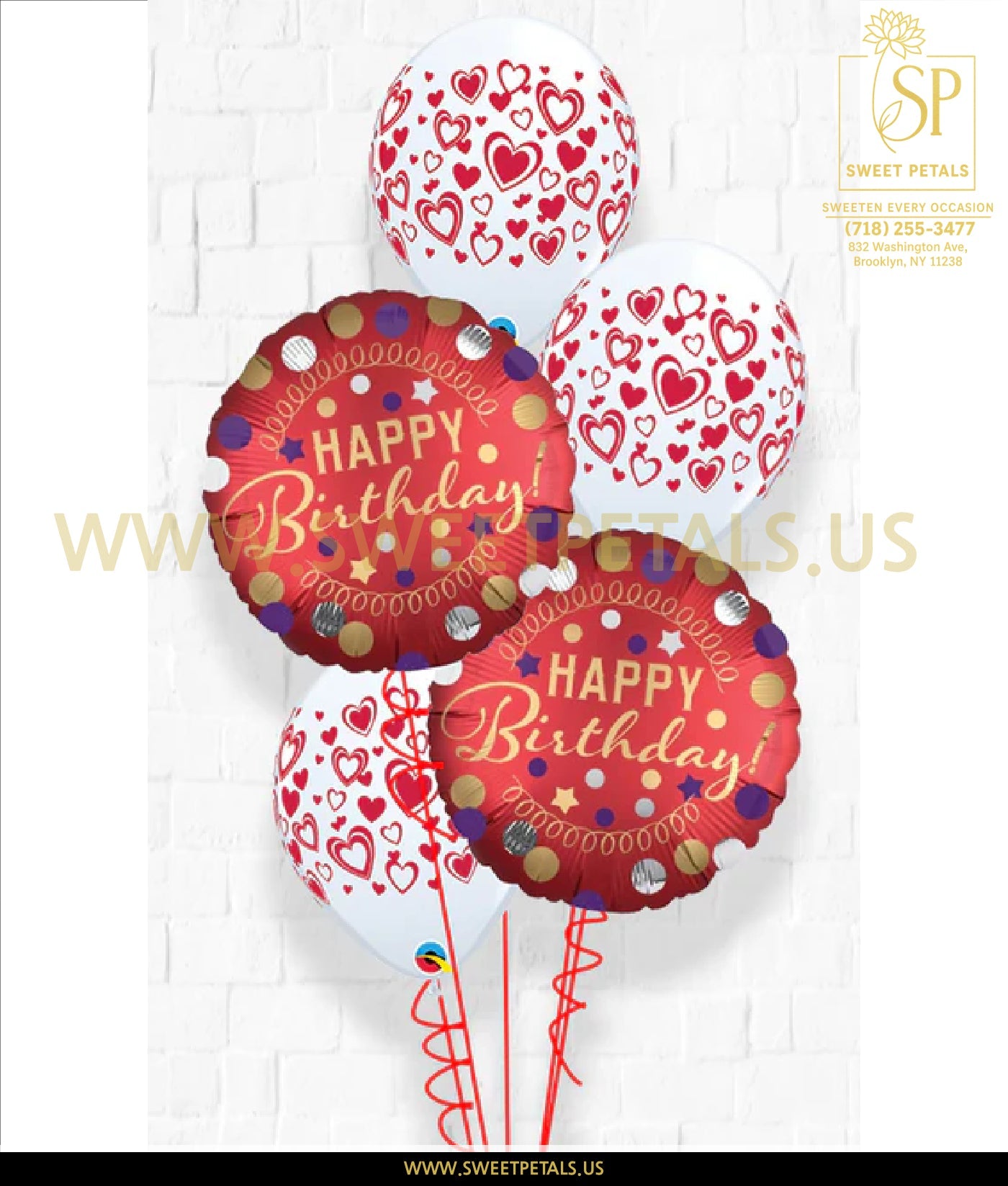 Satin Red Polka & Double Heart Birthday Balloon Bouquet